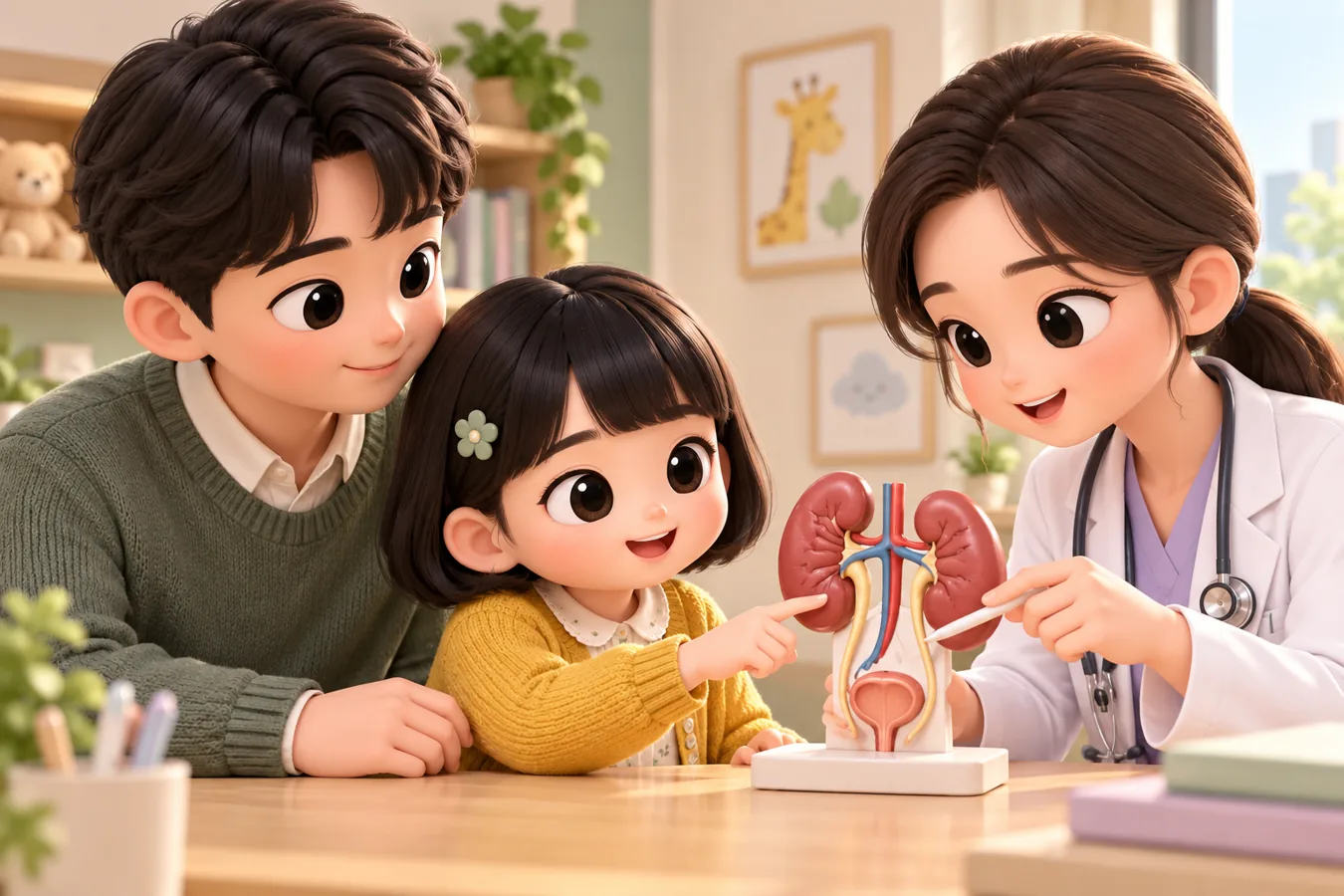 신장 모형을 함께 보며 상담하는 여자아이와 아버지